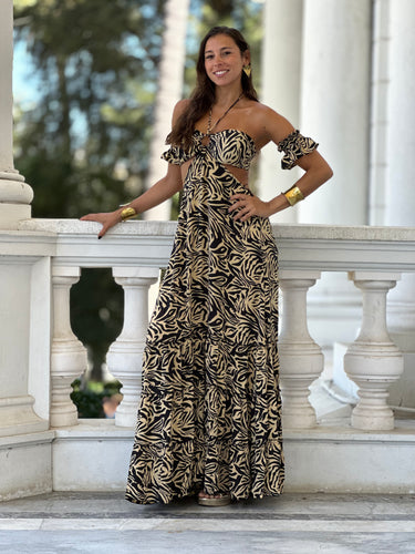 Vestido largo de seda Hibiscus print